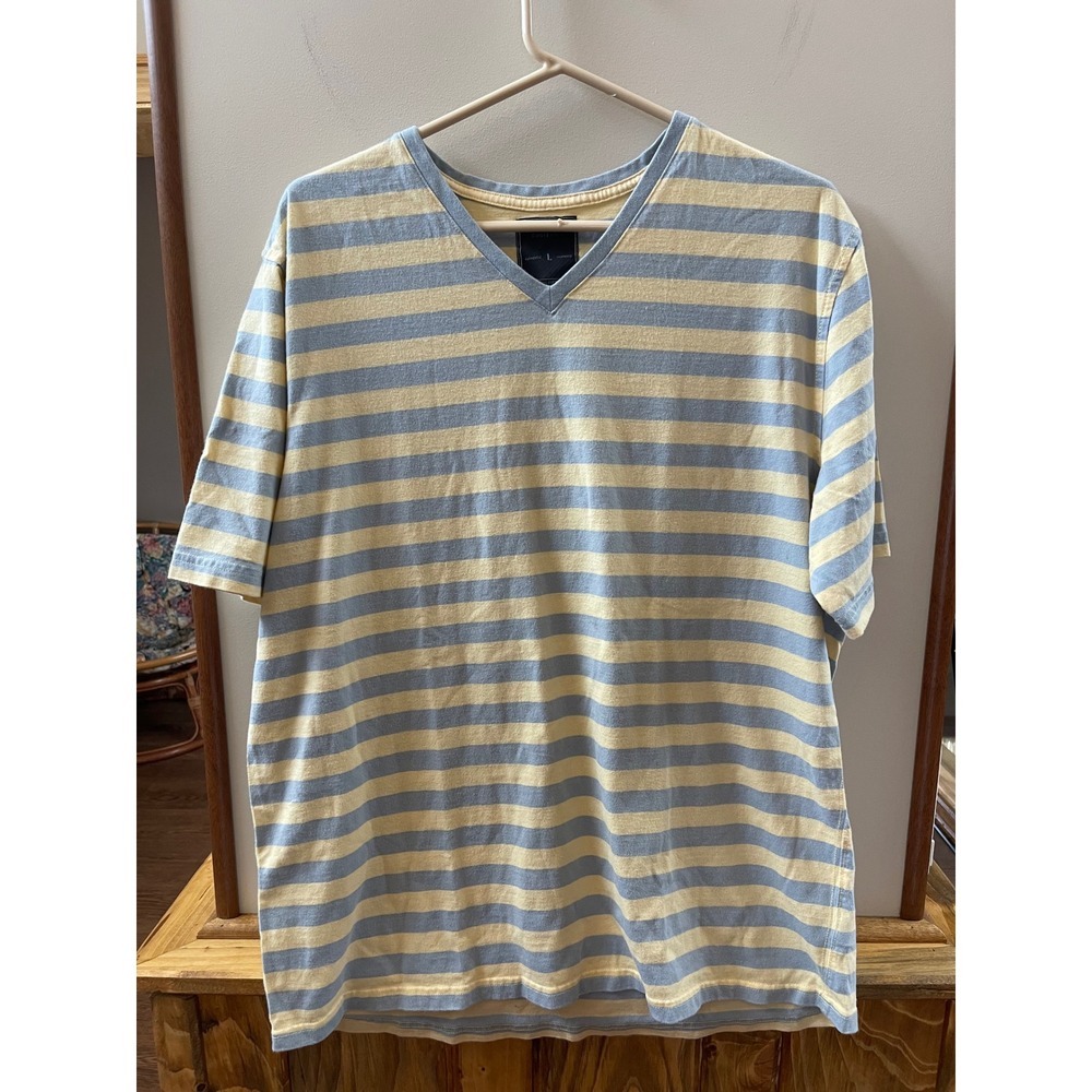 John Bartlett T-Shirt Mens Large Yellow Blue Striped V-Neck Cotton